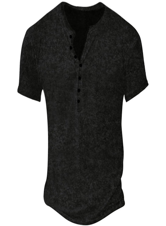 Gnvviwl Retro Henley Shirts for Men Short Sleeve Distressed Casual Button Slim Fit Tee Shirts Black - Image 2